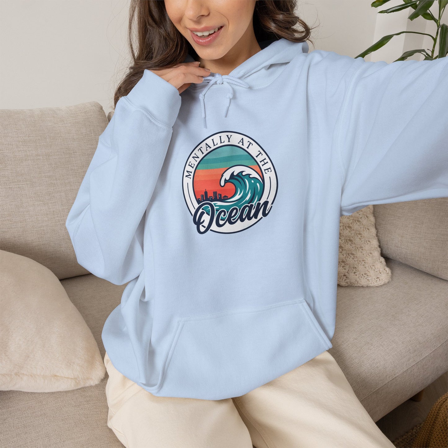 Ocean Waves Logo Hoodie | coastal aesthetic, sea breeze, pastel blue