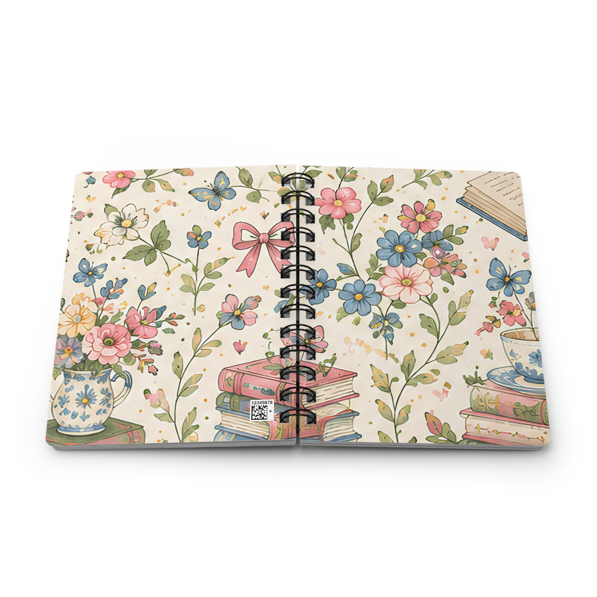 Bookish Blooms Floral Tea & Books Spiral Journal — Vintage Botanical Notebook for Writing, Notes & Gifts