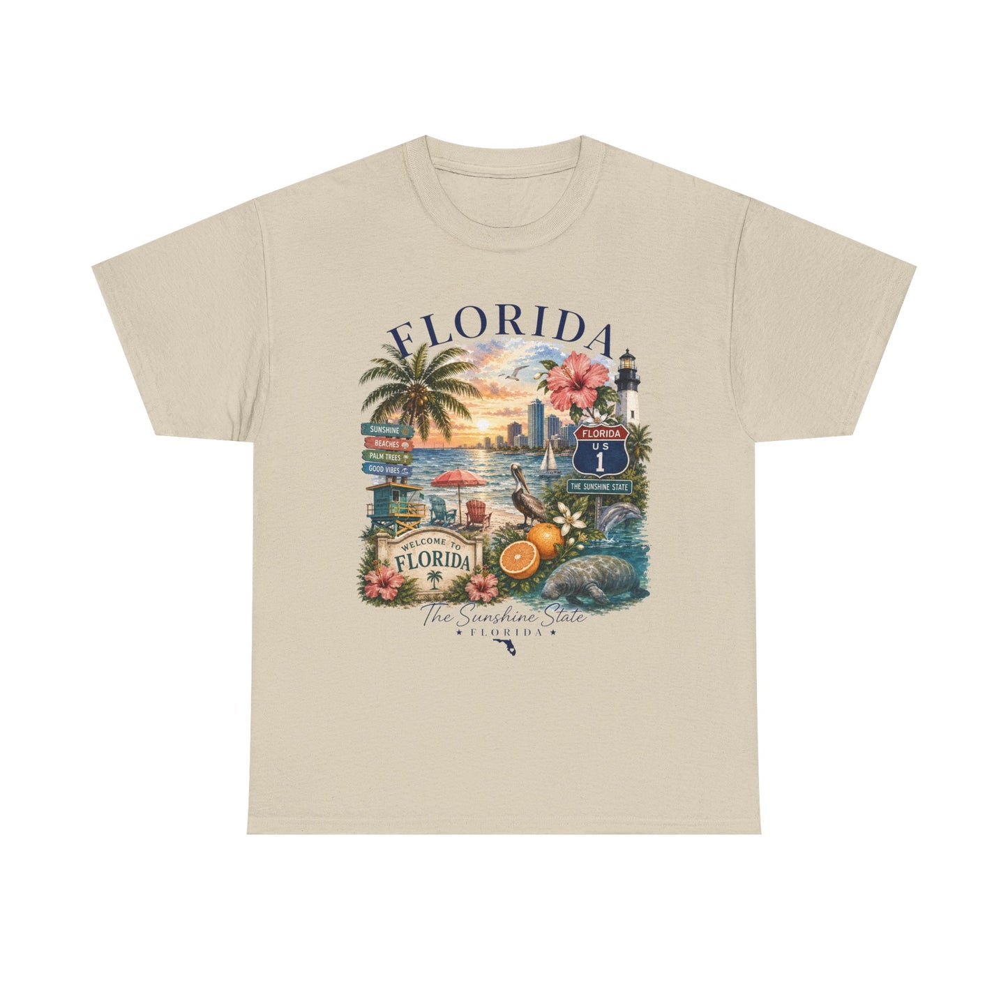 Florida Vintage Travel T-Shirt — Retro Beach Sunset, Lighthouse & Oranges Tee