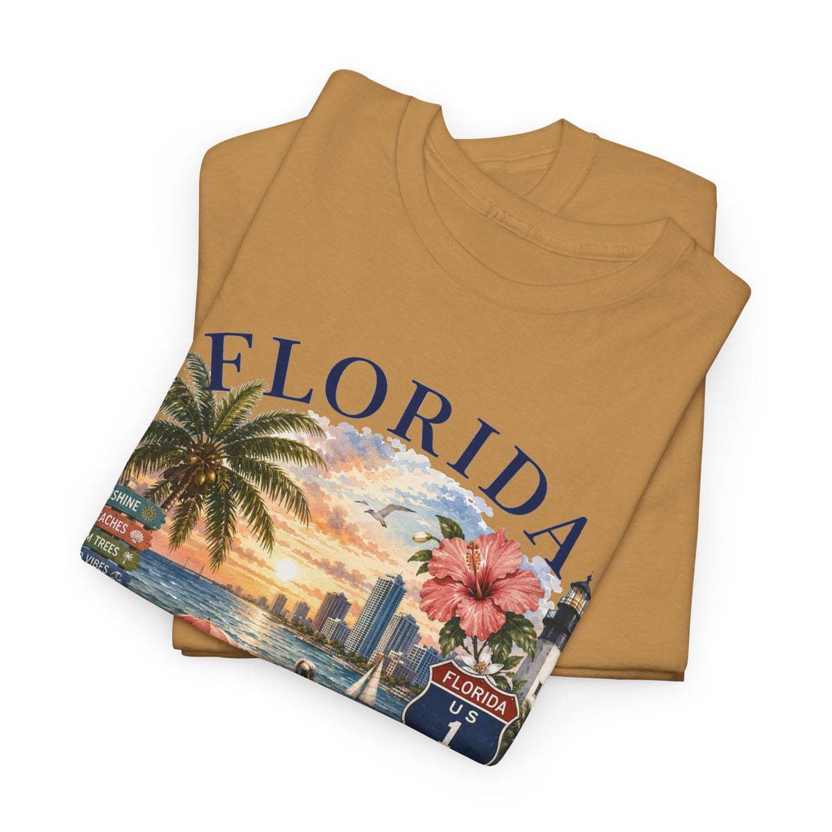 Florida Vintage Travel T-Shirt — Retro Beach Sunset, Lighthouse & Oranges Tee