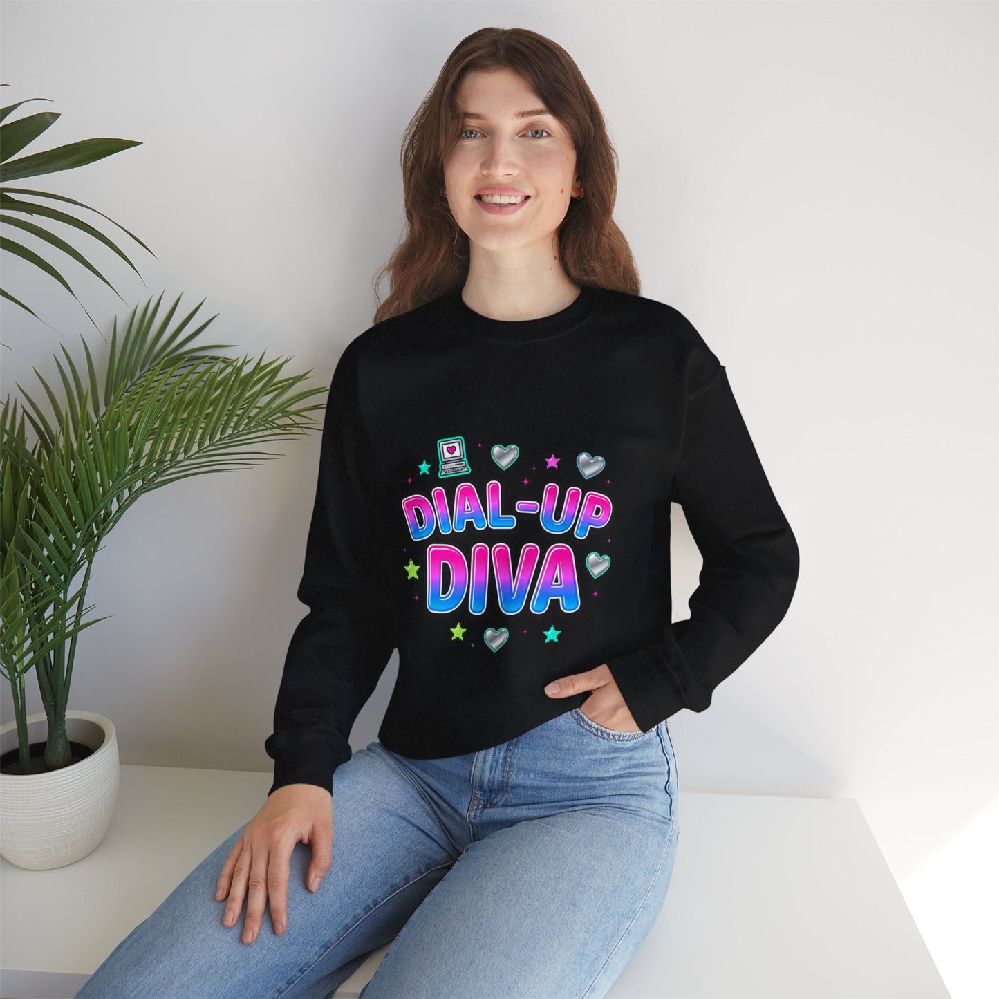 Dial-Up Diva Sweatshirt Y2K slogan, hot pink cyber nostalgia