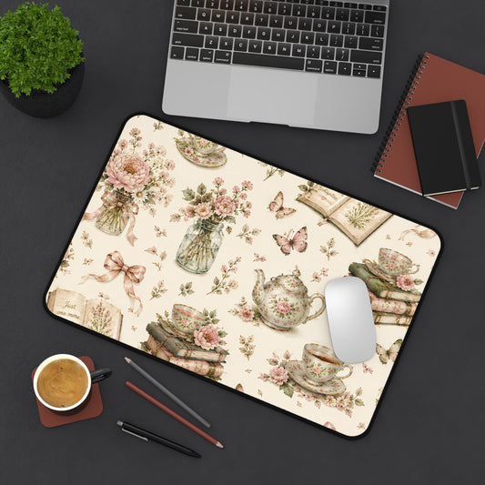 Tea & Pages Floral Tea & Books Desk Mat — Vintage Cottagecore Mouse Pad