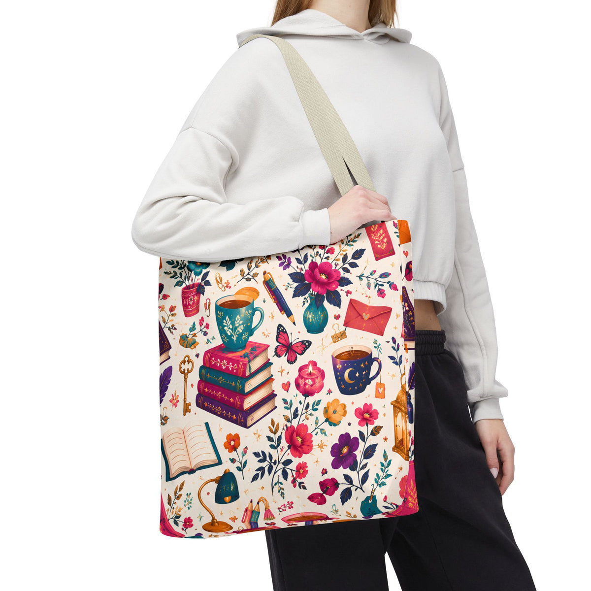 Whimsy & Wonder Floral Books Tote Bag — Vintage Garden Print AOP