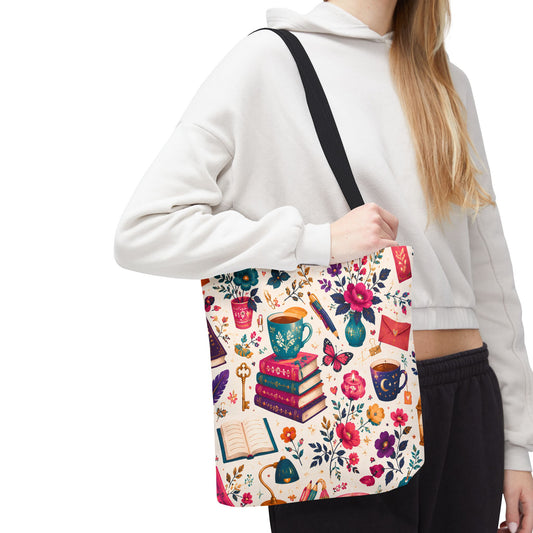 Whimsy & Wonder Floral Books Tote Bag — Vintage Garden Print AOP
