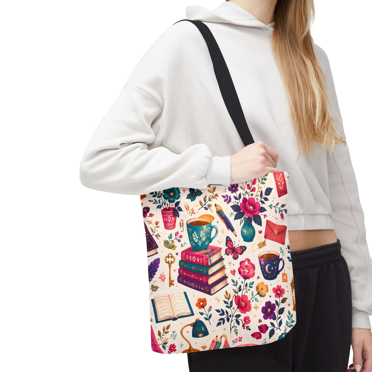 Whimsy & Wonder Floral Books Tote Bag — Vintage Garden Print AOP
