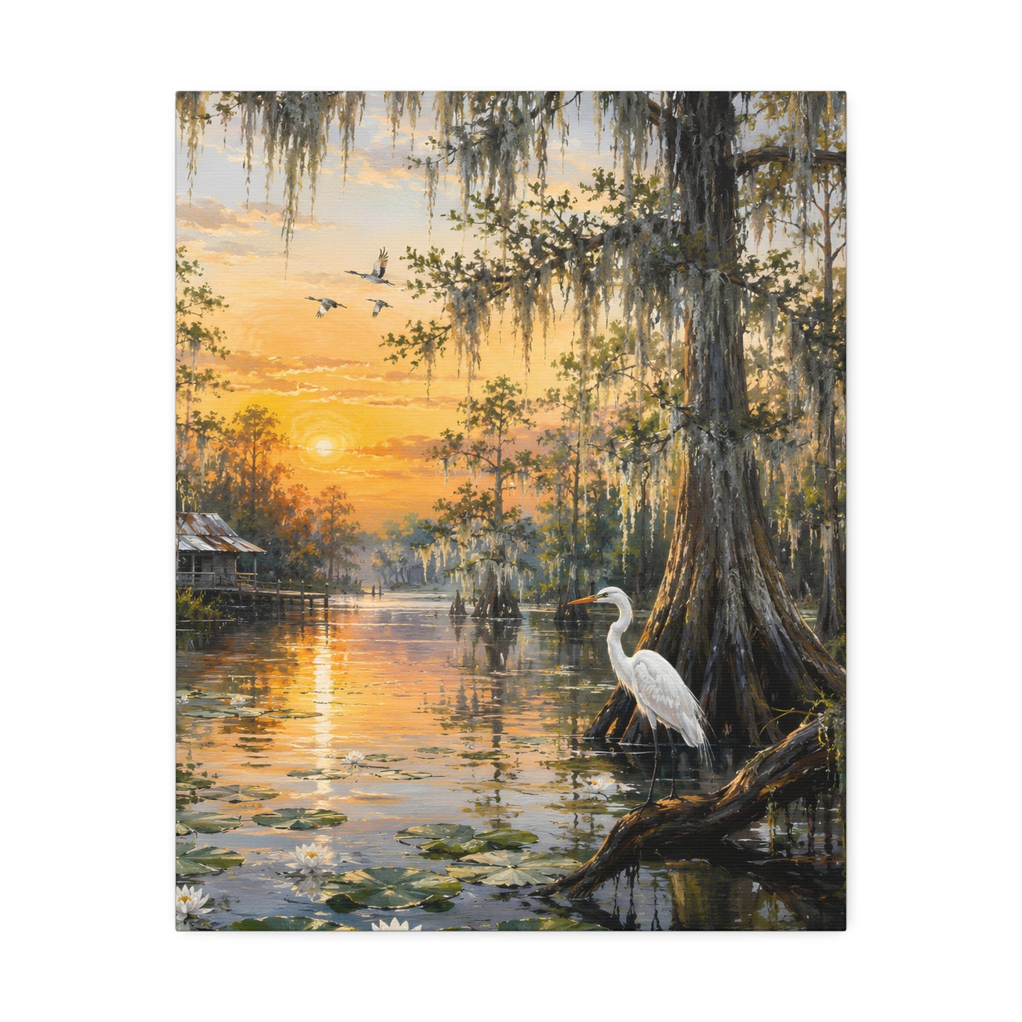 Louisiana Sunset Bayou Canvas Wall Art — Egret & Cypress Stretched Print