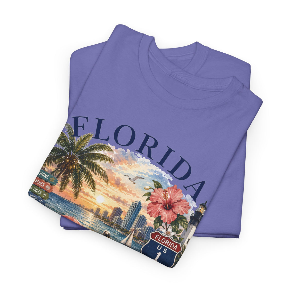 Florida Vintage Travel T-Shirt — Retro Beach Sunset, Lighthouse & Oranges Tee