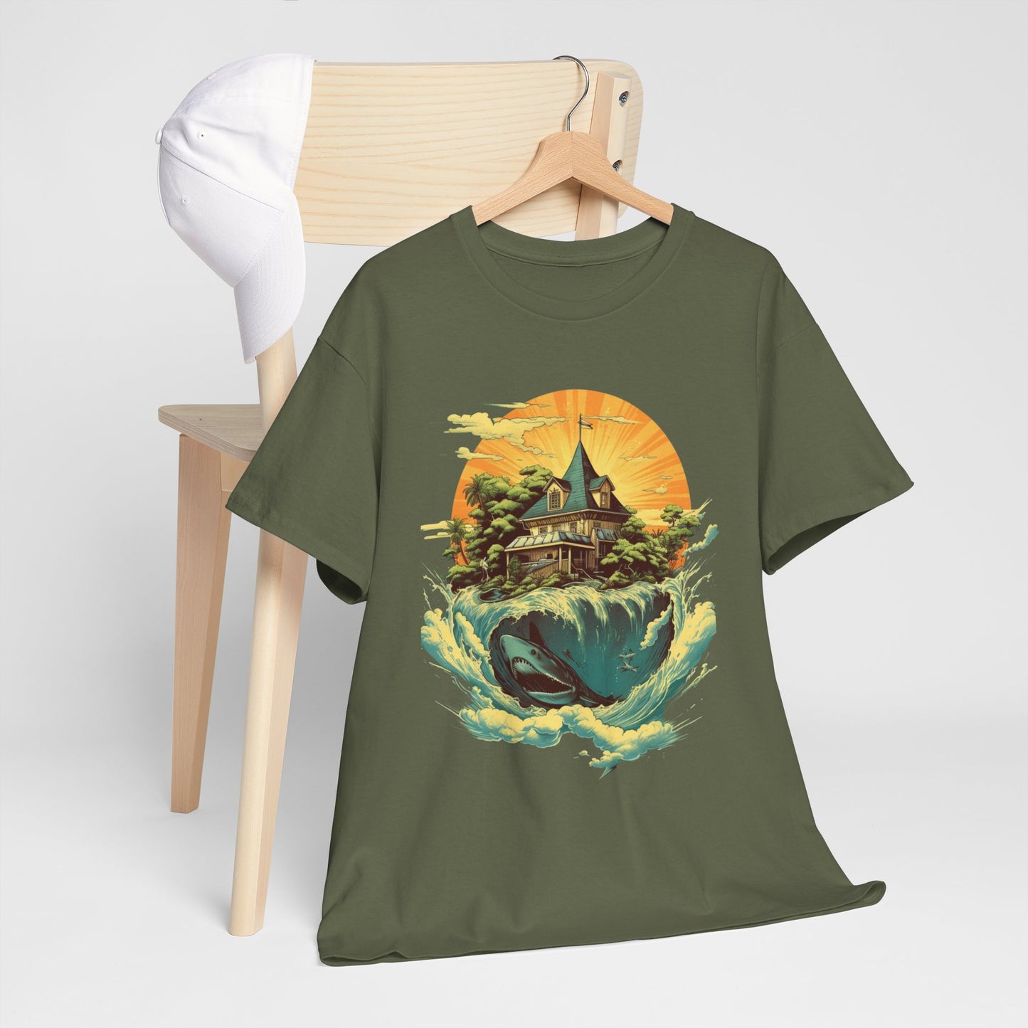 Scenic Whale & Cottage T-Shirt — Vintage Sunset Ocean Graphic Tee