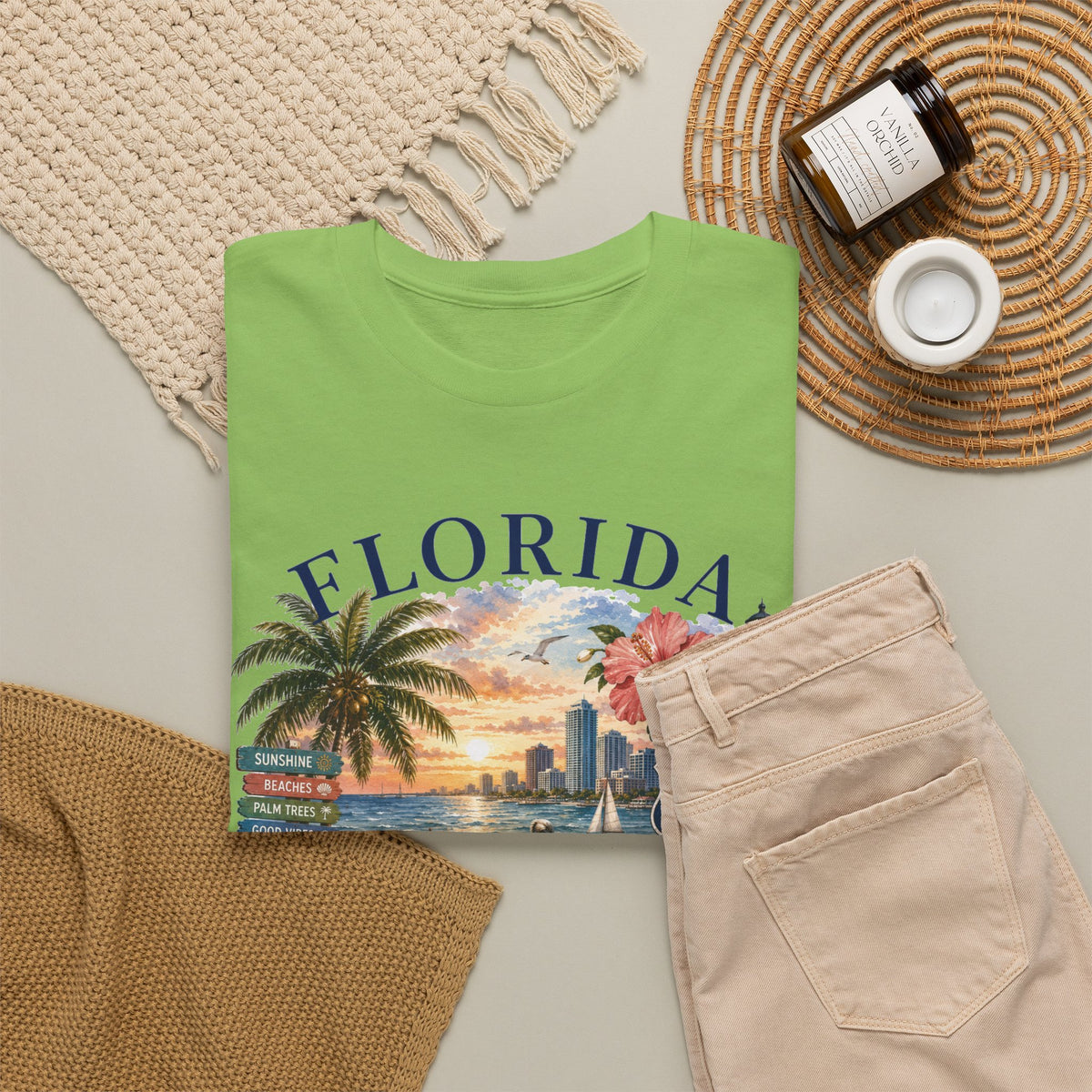 Florida Vintage Travel T-Shirt — Retro Beach Sunset, Lighthouse & Oranges Tee