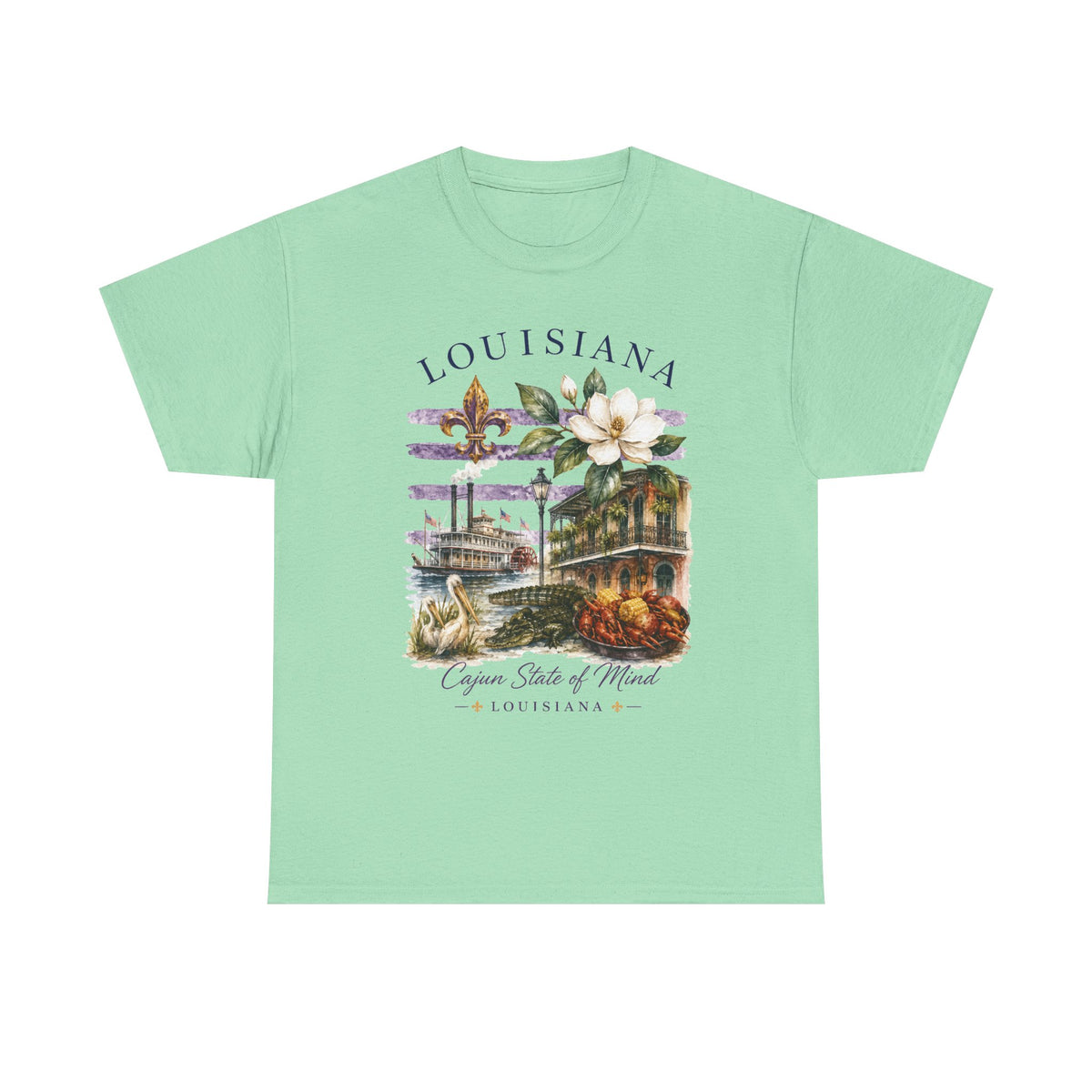 Louisiana Vintage Collage T-Shirt — Magnolia, Steamboat & Cajun Icons Tee