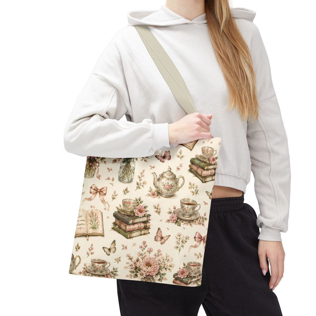 Tea & Pages Floral Books Tote Bag — Vintage Garden Print AOP