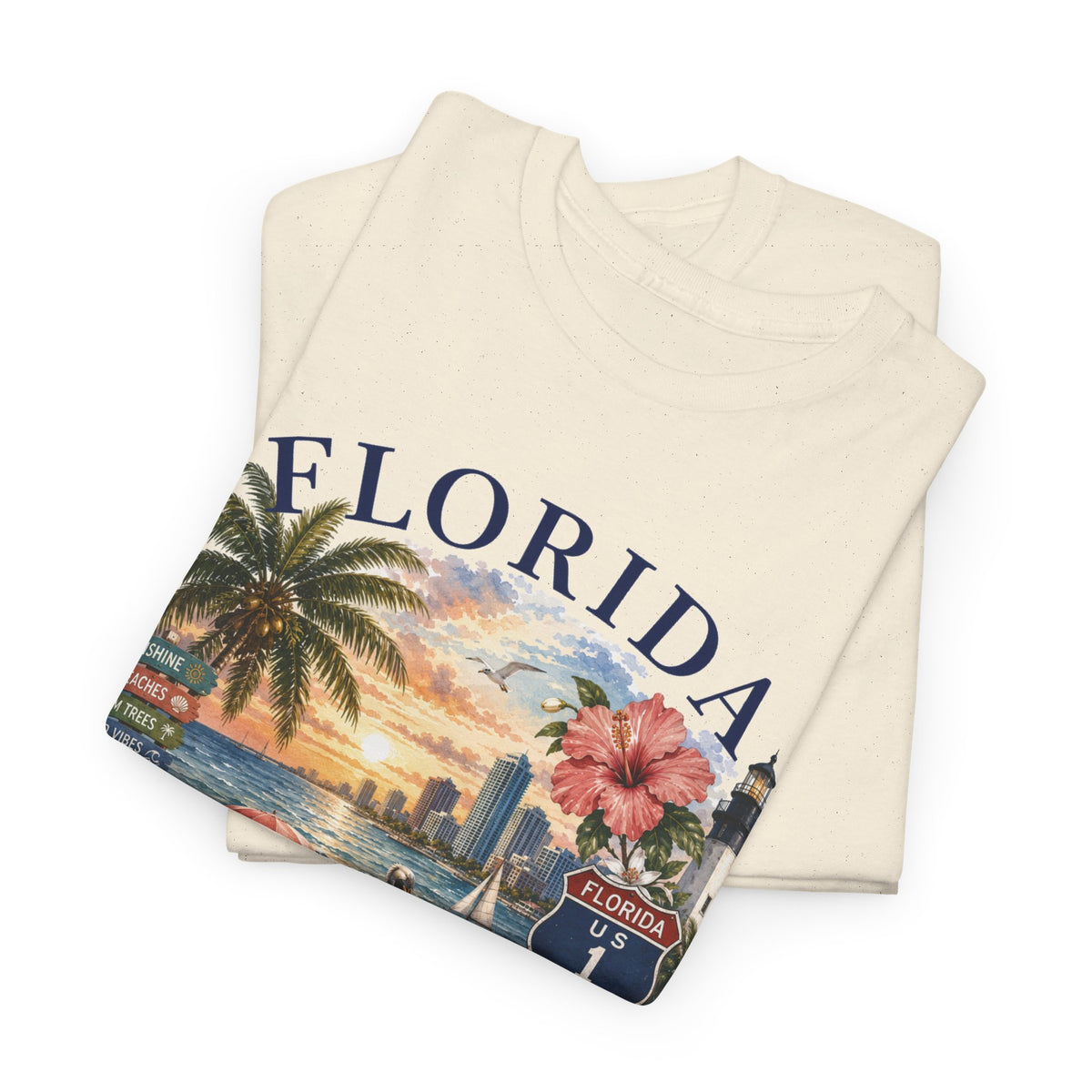 Florida Vintage Travel T-Shirt — Retro Beach Sunset, Lighthouse & Oranges Tee