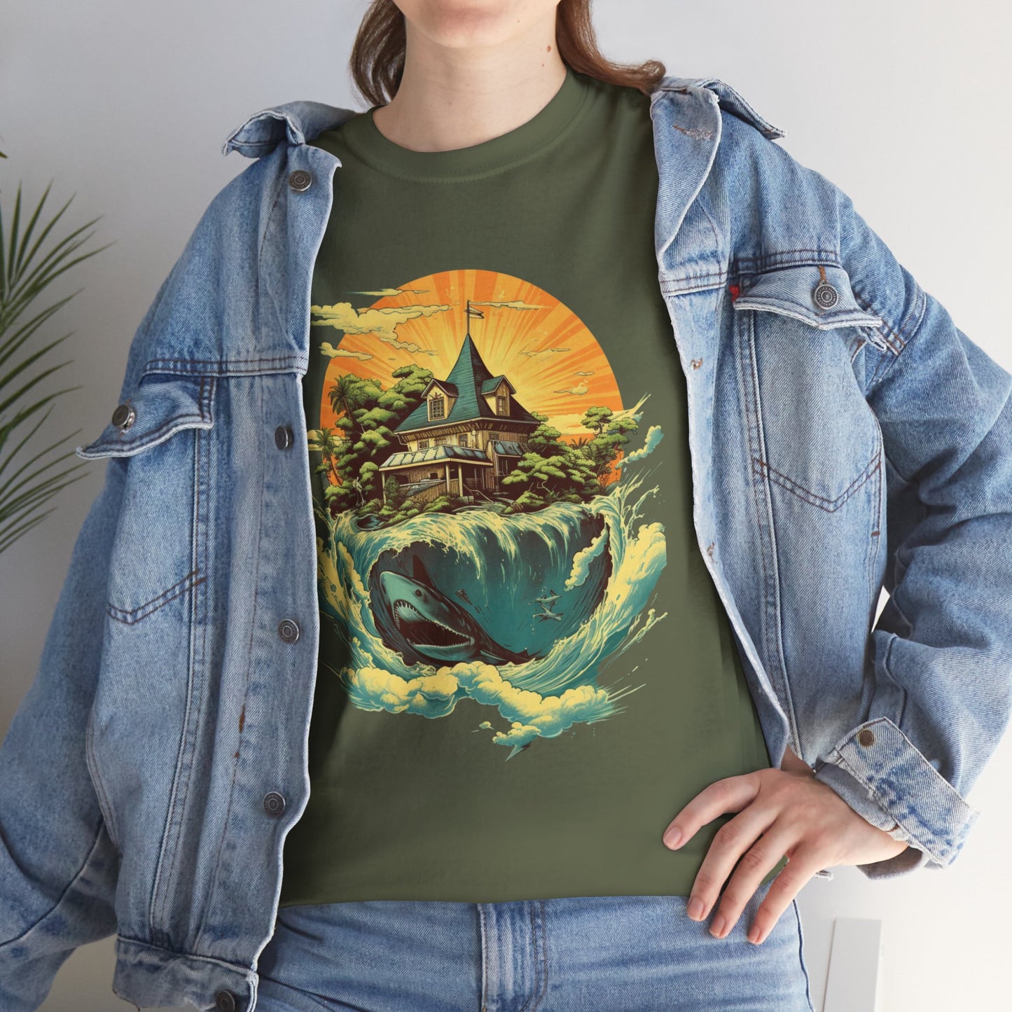 Scenic Whale & Cottage T-Shirt — Vintage Sunset Ocean Graphic Tee