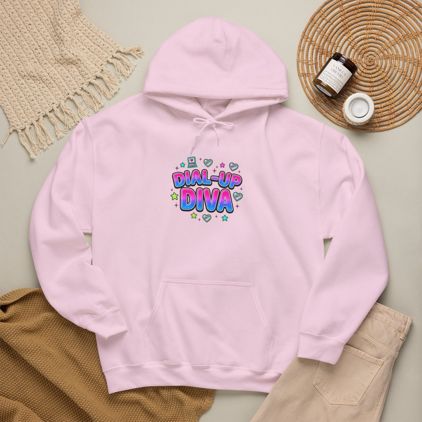 Dial-Up Diva Hoodie Y2K slogan, hot pink bubble text, cyber nostalgia