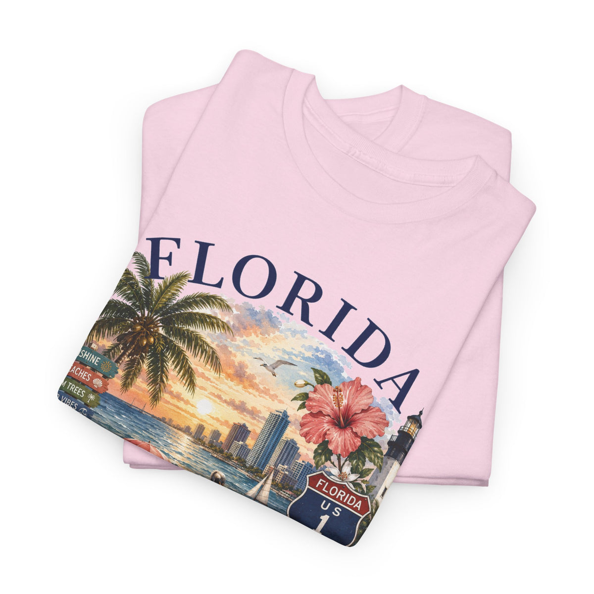 Florida Vintage Travel T-Shirt — Retro Beach Sunset, Lighthouse & Oranges Tee