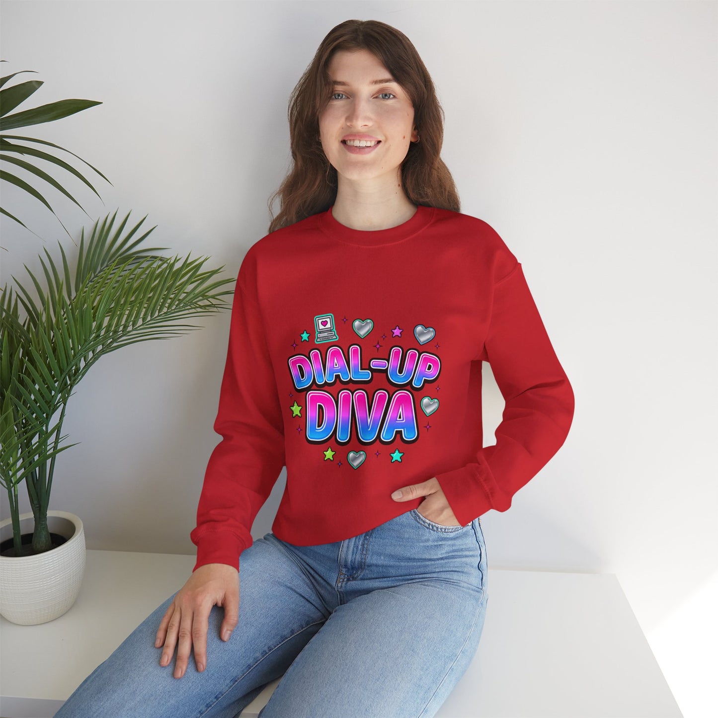 Dial-Up Diva Sweatshirt Y2K slogan, hot pink cyber nostalgia