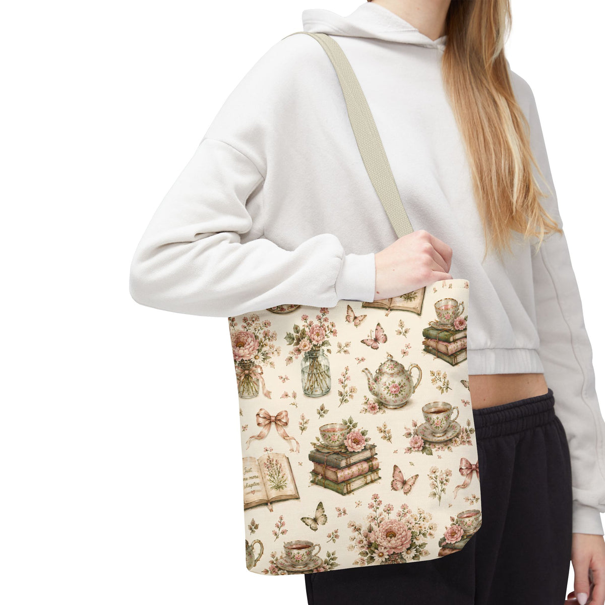 Tea & Pages Floral Books Tote Bag — Vintage Garden Print AOP