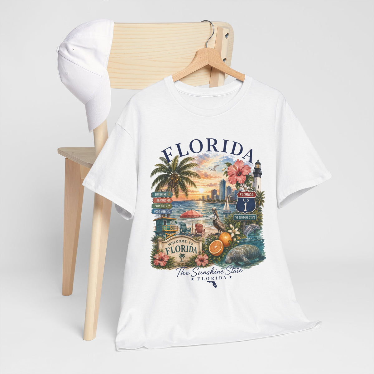 Florida Vintage Travel T-Shirt — Retro Beach Sunset, Lighthouse & Oranges Tee