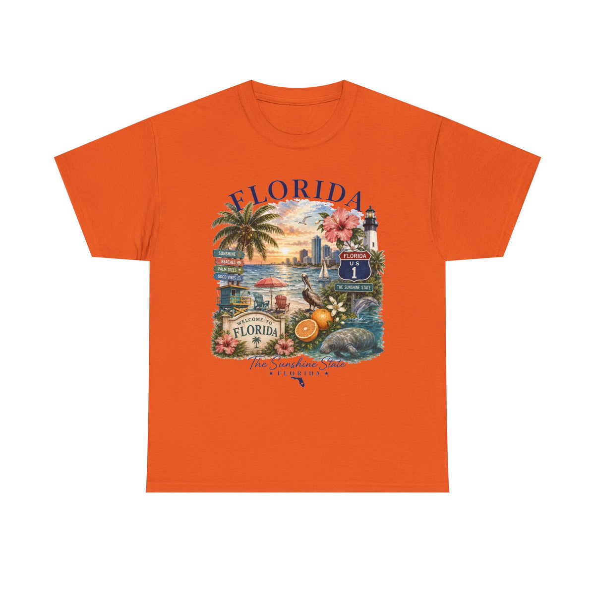 Florida Vintage Travel T-Shirt — Retro Beach Sunset, Lighthouse & Oranges Tee
