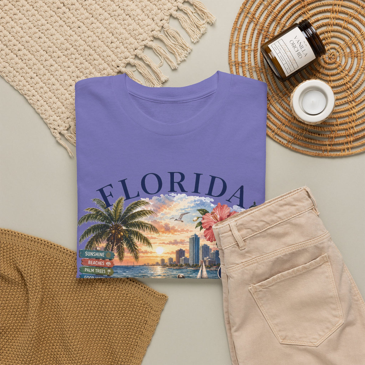 Florida Vintage Travel T-Shirt — Retro Beach Sunset, Lighthouse & Oranges Tee