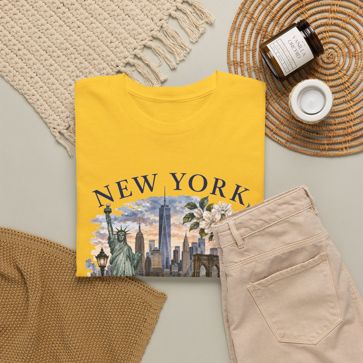 New York City Vintage Travel Tee — NYC Skyline, Yellow Cab & Landmark Collage