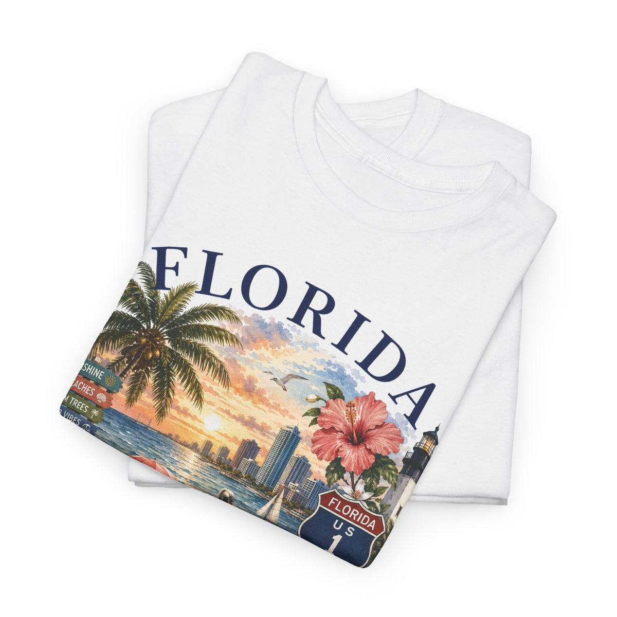 Florida Vintage Travel T-Shirt — Retro Beach Sunset, Lighthouse & Oranges Tee