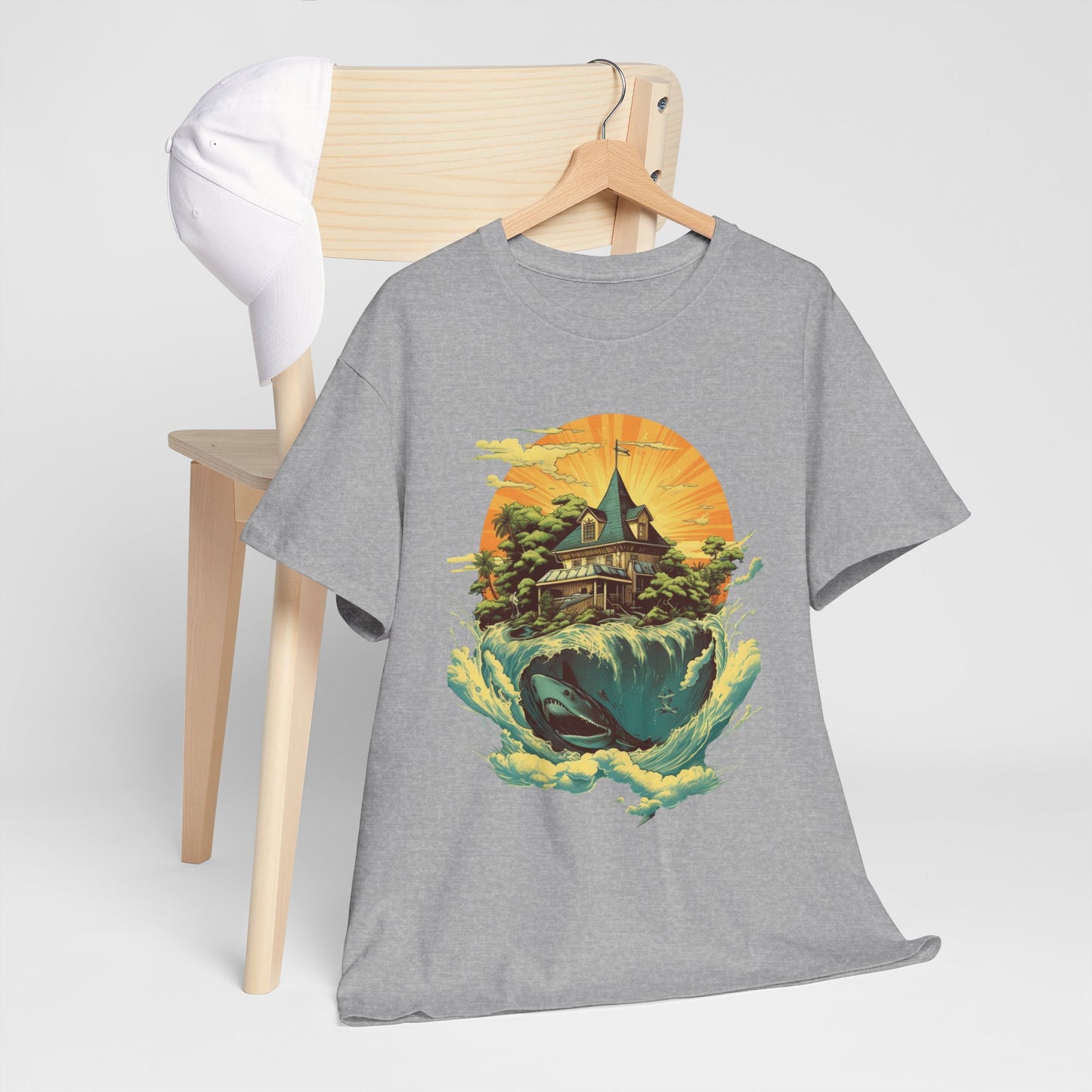 Scenic Whale & Cottage T-Shirt — Vintage Sunset Ocean Graphic Tee