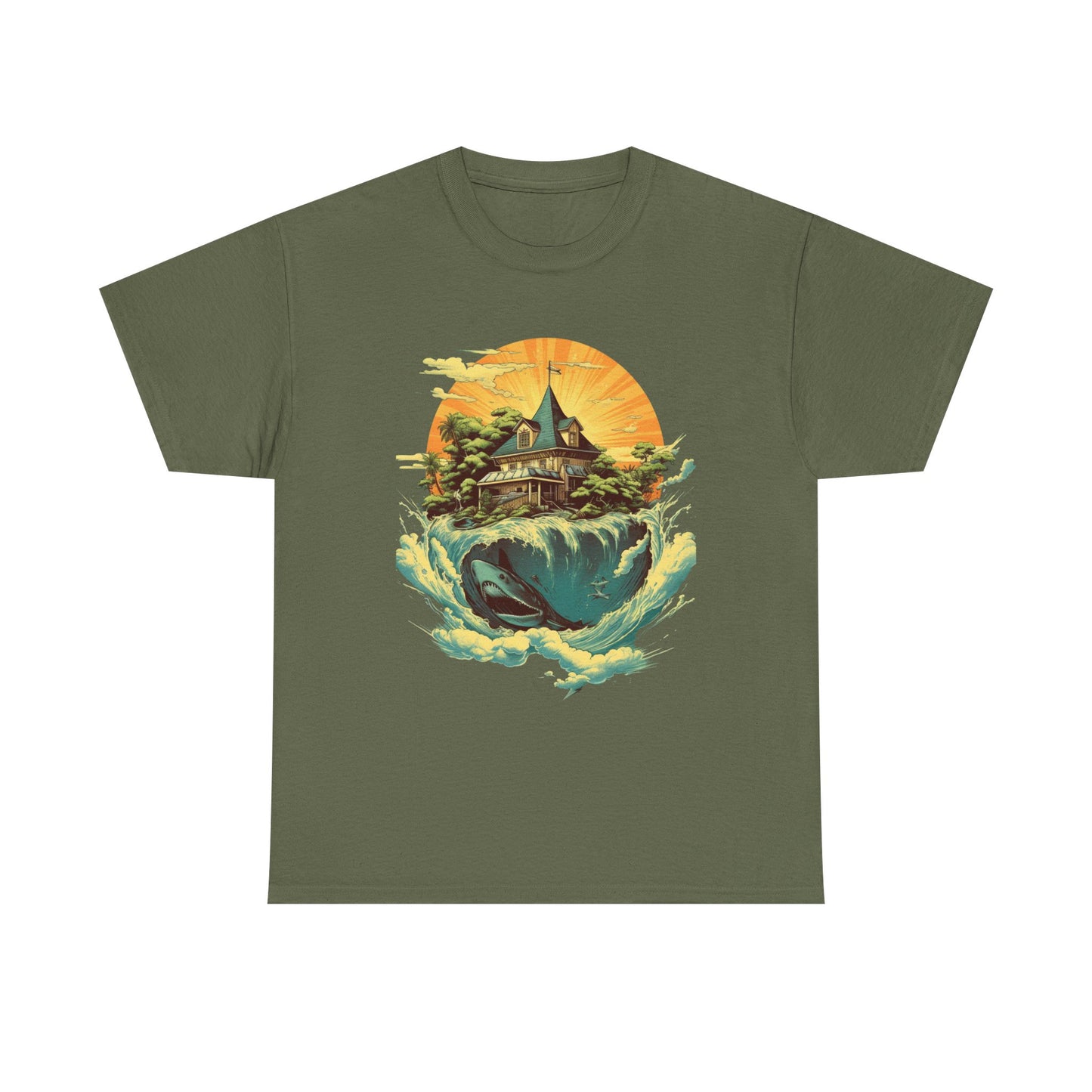 Scenic Whale & Cottage T-Shirt — Vintage Sunset Ocean Graphic Tee