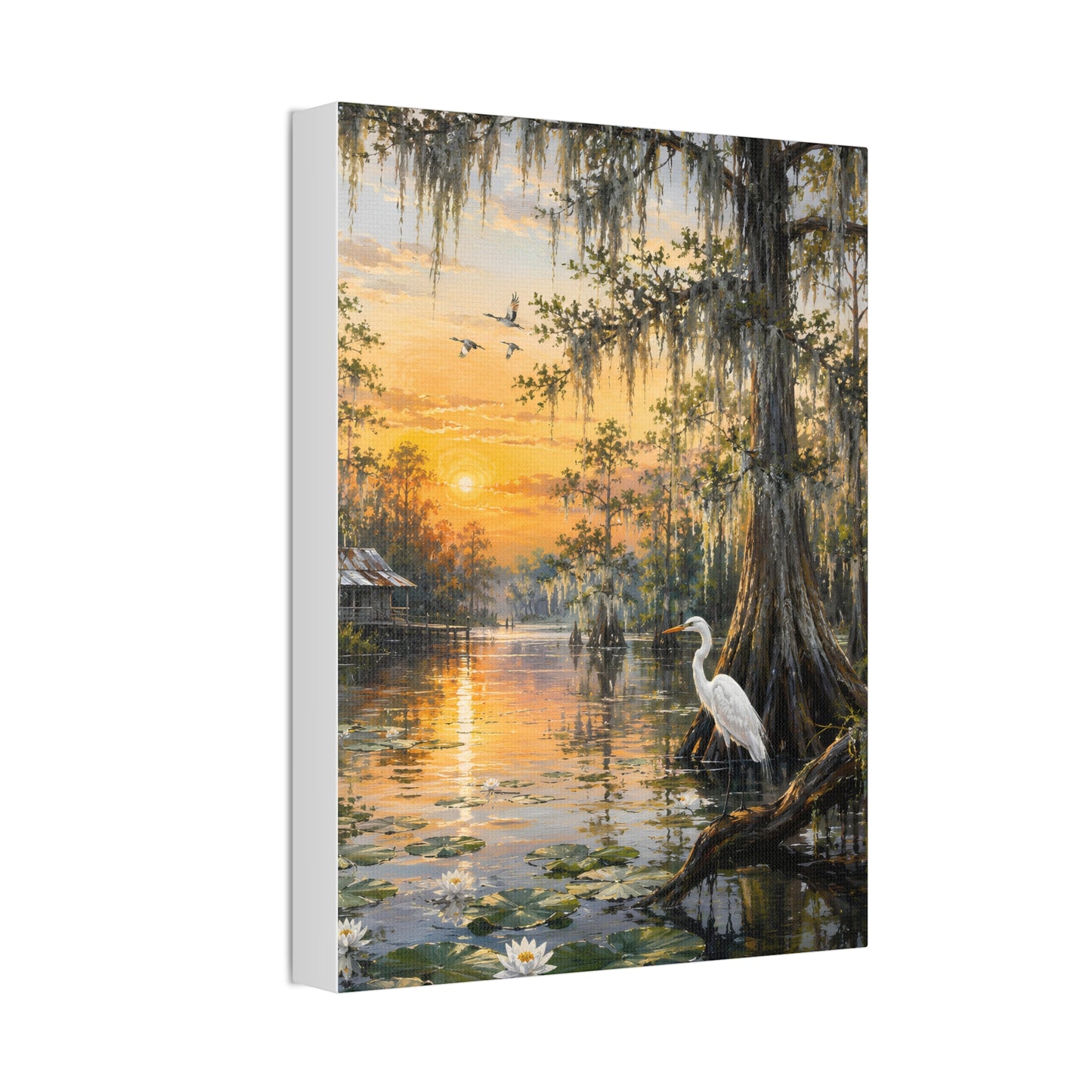 Louisiana Sunset Bayou Canvas Wall Art — Egret & Cypress Stretched Print