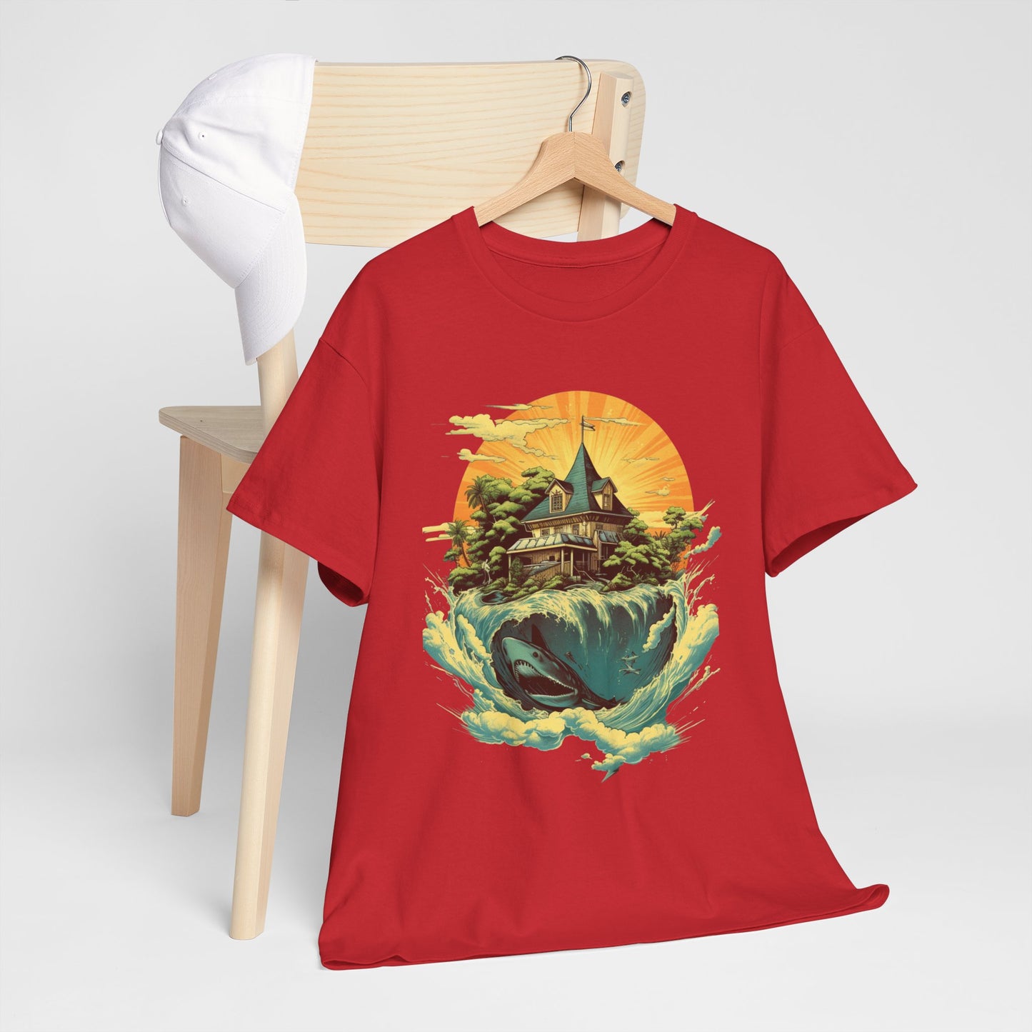 Scenic Whale & Cottage T-Shirt — Vintage Sunset Ocean Graphic Tee