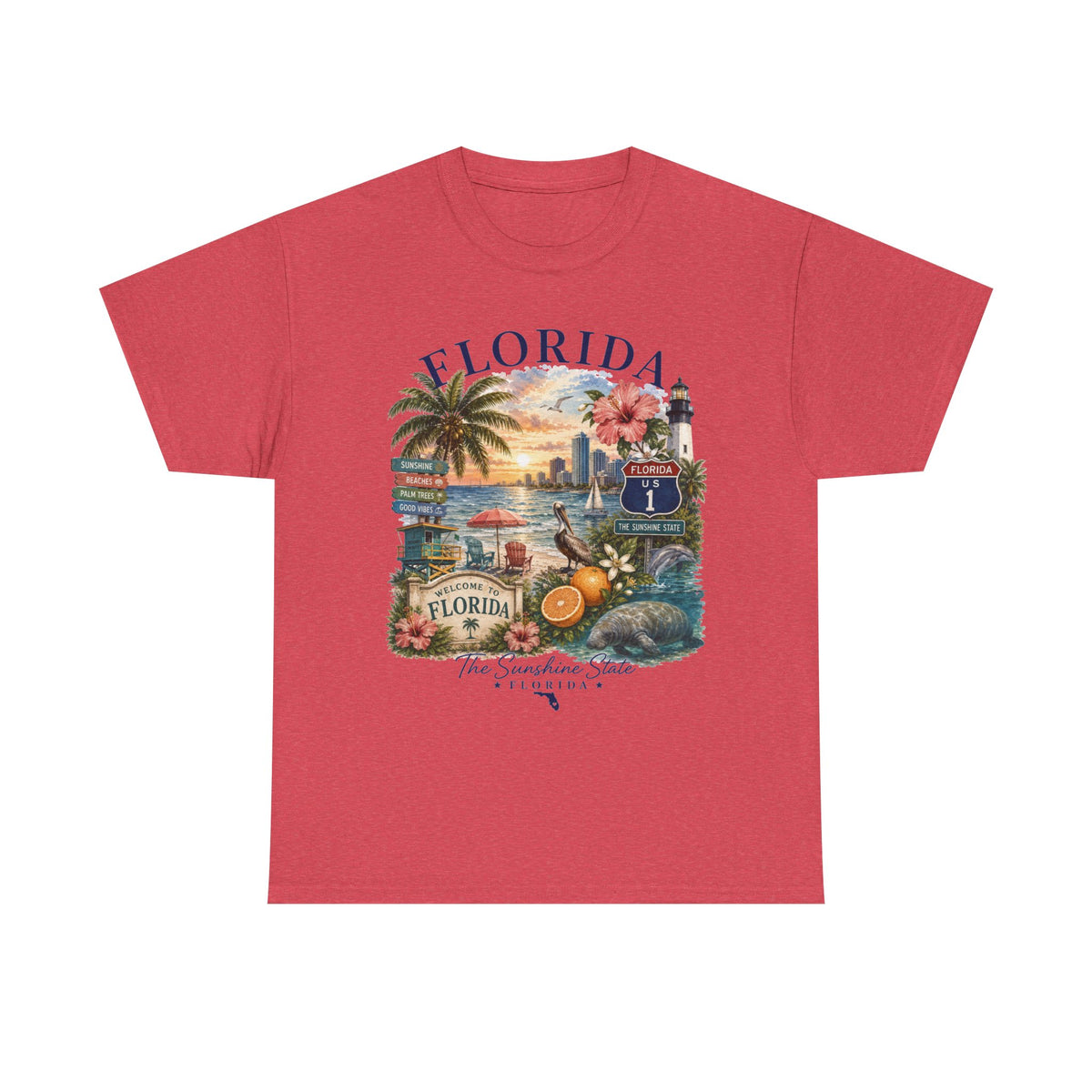 Florida Vintage Travel T-Shirt — Retro Beach Sunset, Lighthouse & Oranges Tee