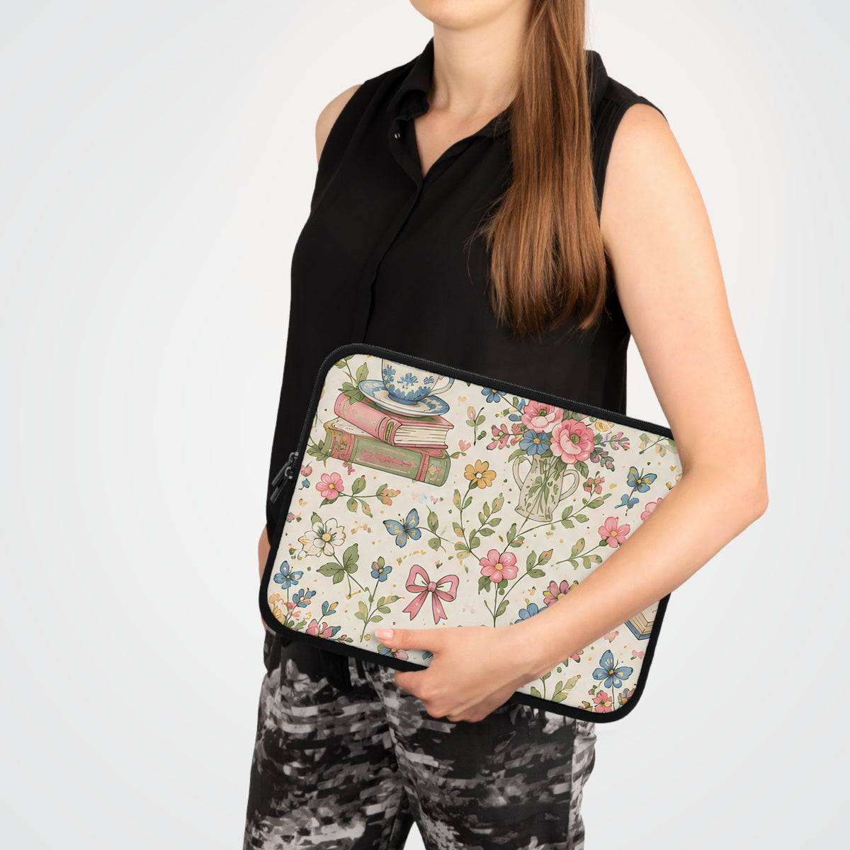 Bookish Blooms Floral Bookish Laptop Sleeve — Tea Cup, Books & Blossoms Protective Case