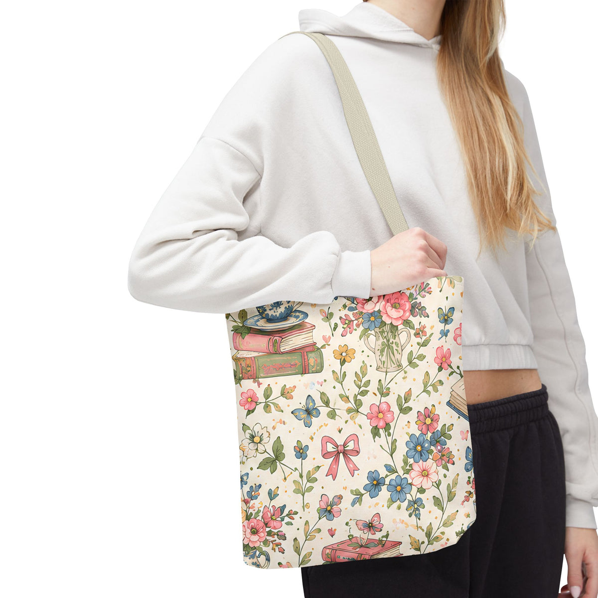 Bookish Blooms Floral Books Tote Bag — Vintage Garden Print AOP