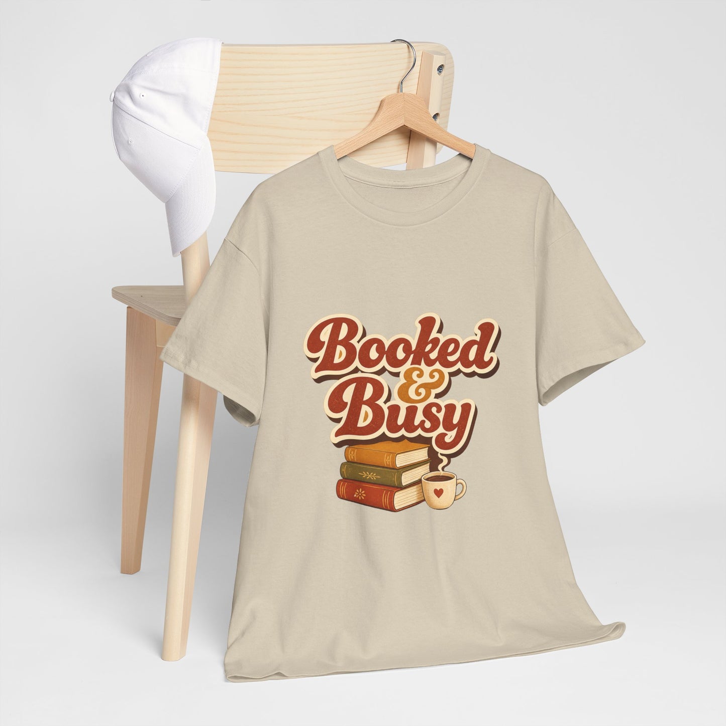 Booked & Busy T-Shirt — Cozy Book Lover Tee with Coffee Stack