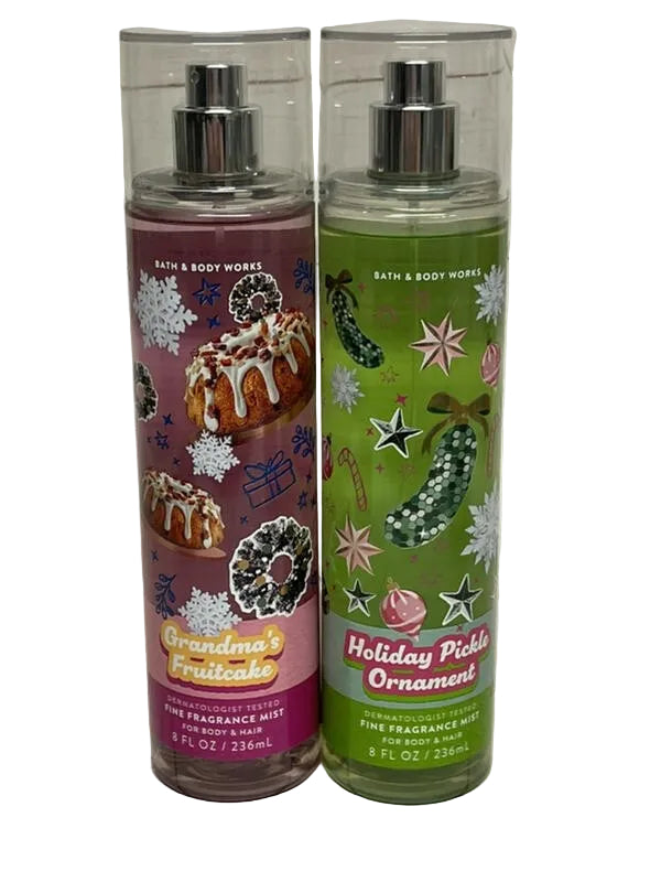Bath & Body Works Holiday Pickle Ornament & Grandma's Fruitcake Mist set of 2 - front